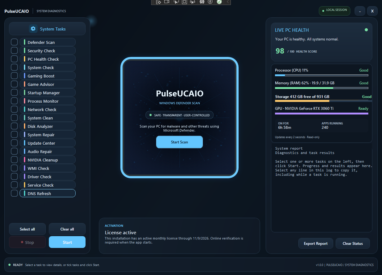 PulseUCAIO main window showing the system task list, live PC health panel and system report